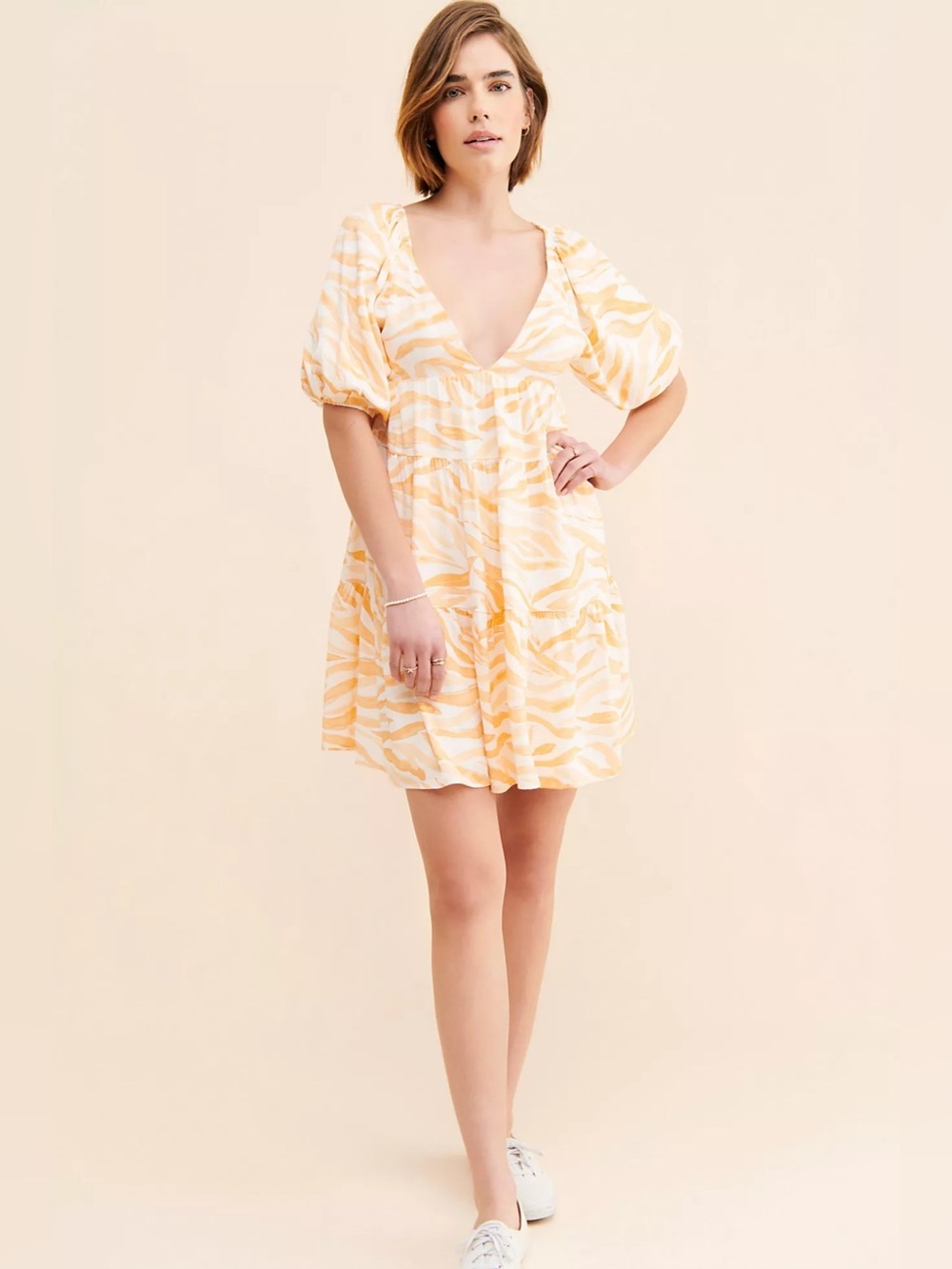 Girl & The Sun Marlow Mini Dress Orange White Wave Print Puff Sleeve Tiered